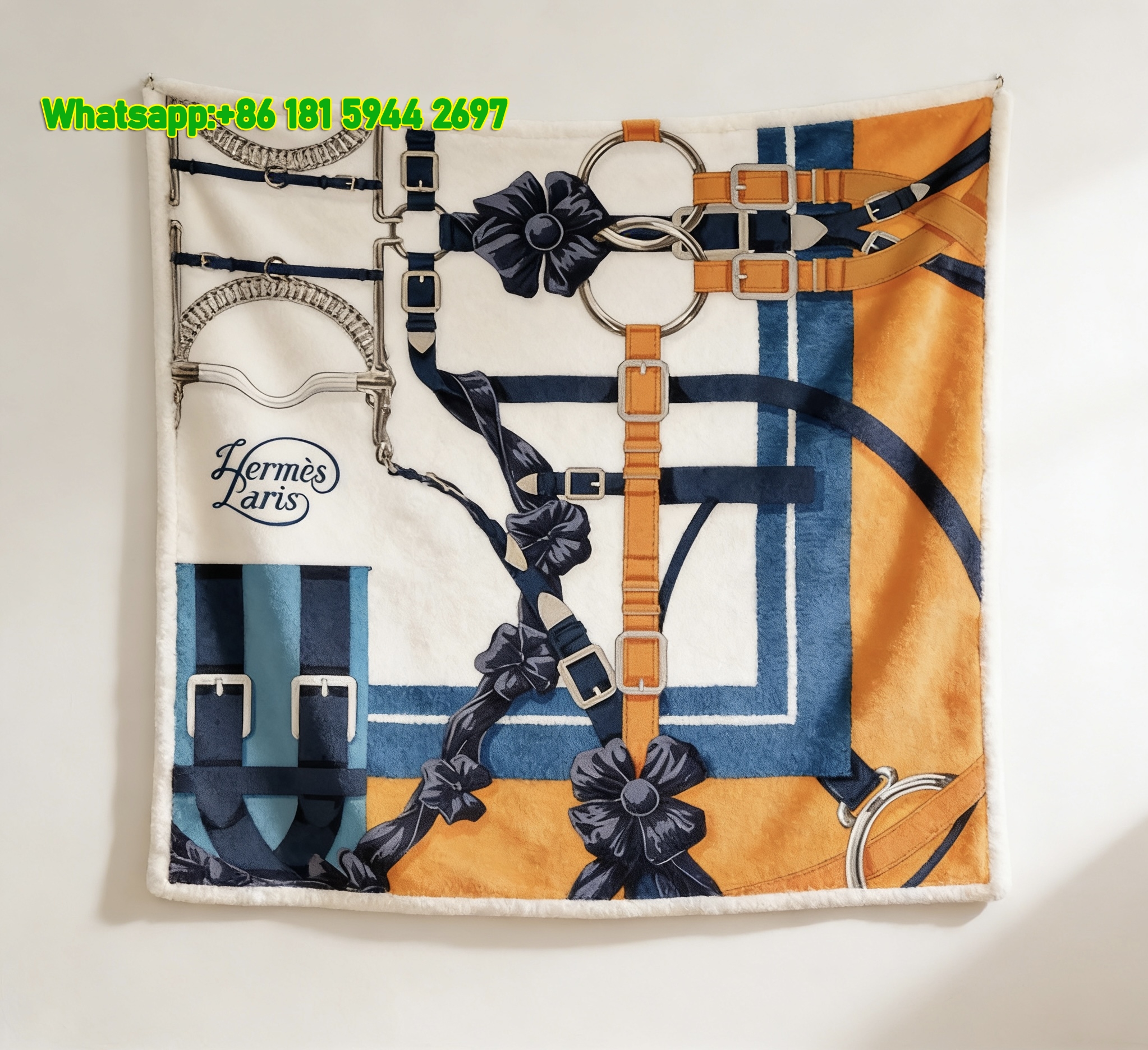 Hermès Inspired Orange & Navy Equestrian Flannel Throw Blanket IMG_5223
